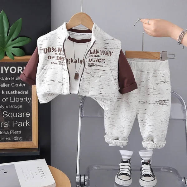 Boys 90 Cotton White Vest Brown Long Sleeve Set ART of STYLE Print Autumn Casual Outfit - Image 4
